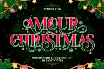 Amour Christmas font — elegant festive serif typeface with red decorative letters, holly leaves, and gold ornaments. A stylish holiday font perfect for Christmas cards, invitations, winter posters, and seasonal branding designs.