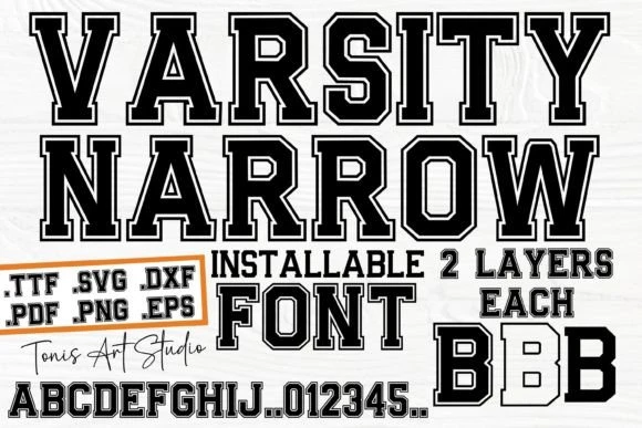 Varsity Narrow is a bold athletic varsity font with two layered styles, featuring classic collegiate block lettering. Perfect for sports jerseys, school team branding, varsity apparel, scoreboards, and athletic-themed designs in TTF, SVG, DXF, PNG, EPS, and PDF formats.