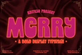 Merry bold display typeface — a vibrant red retro-style font designed for eye-catching Christmas graphics, posters, logos, packaging, and festive branding. Features thick rounded letters ideal for modern seasonal design projects.