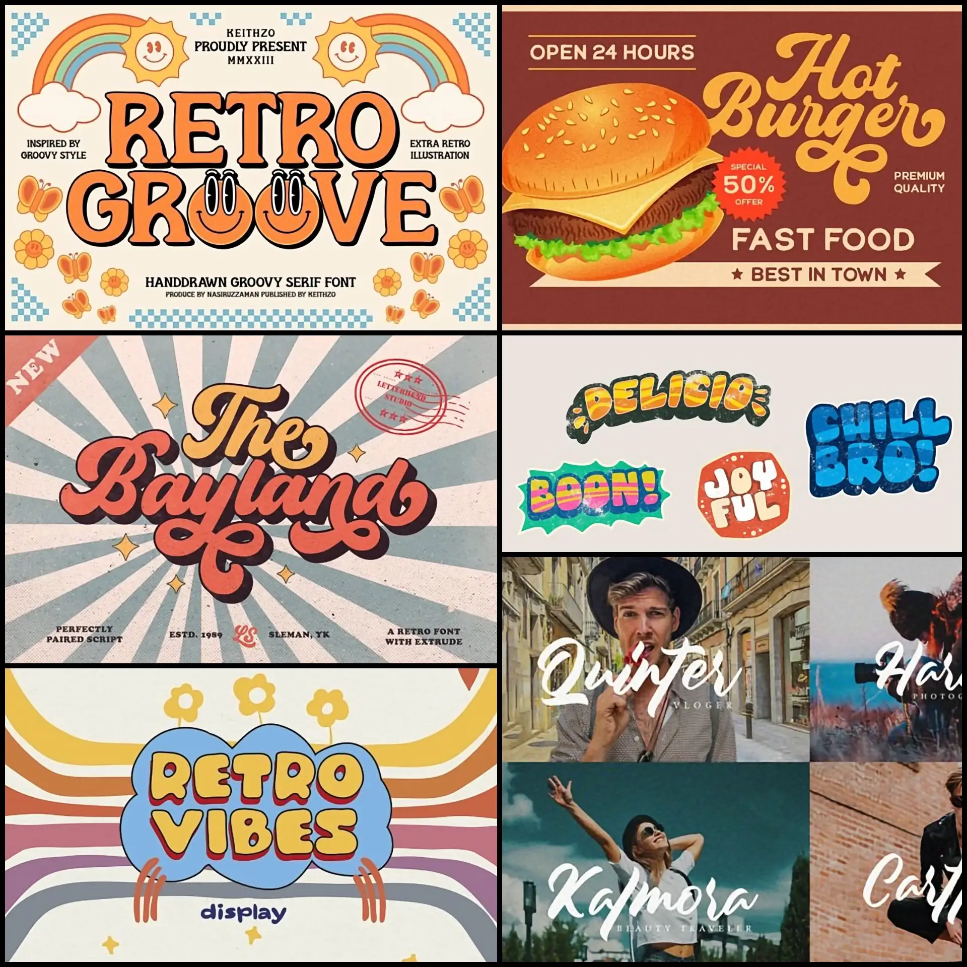 A collage of retro-inspired fonts including groovy bubble lettering, vintage script styles, and textured handmade display fonts.