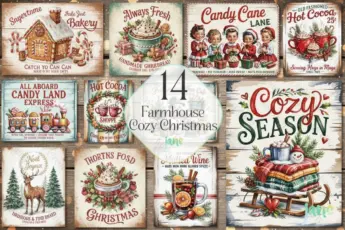 Farmhouse Cozy Christmas bundle with 14 vintage-style holiday signs, including gingerbread bakery, hot cocoa, candy cane lane, cozy season, North Pole workshop, mugs, reindeer, and festive winter illustrations—perfect for Christmas decor, sublimation designs, and farmhouse wall art.
