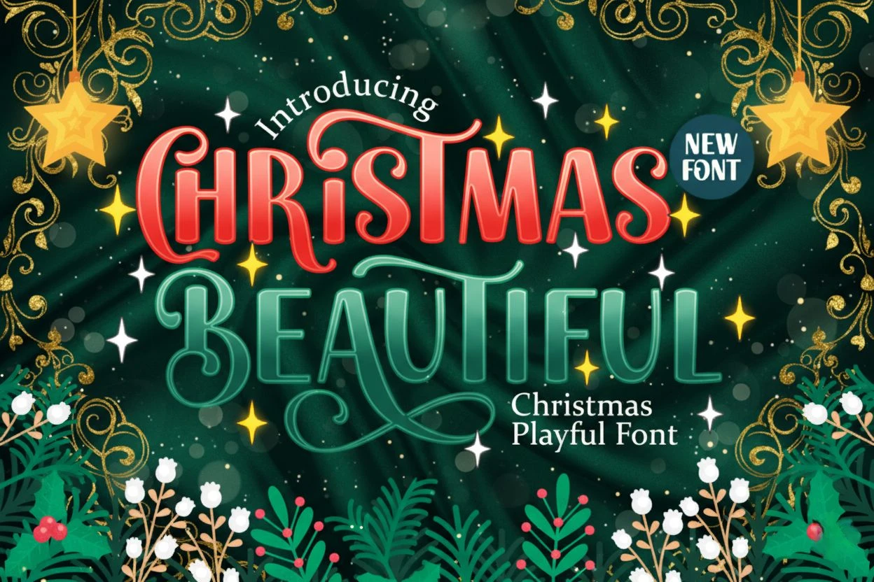 Christmas Beautiful — a playful Christmas font in red and green with elegant swashes, sparkling star accents, and holiday foliage. Ideal for Christmas cards, invitations, winter crafts, festive branding, and seasonal design projects