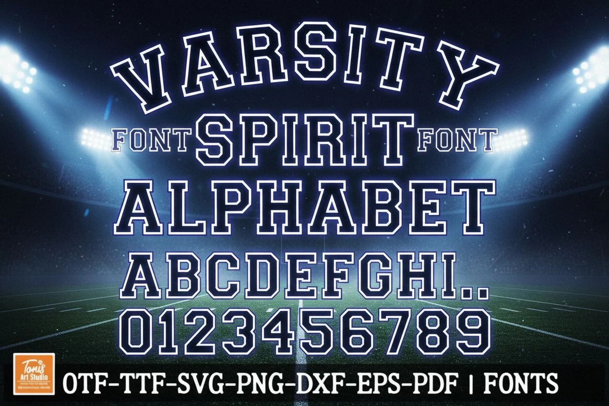 Varsity Spirit Font — bold athletic college-style typeface with outlined block letters and numbers. Perfect for sports logos, team jerseys, school designs, and university branding. Includes OTF, TTF, SVG, PNG, DXF, EPS, and PDF formats for versatile creative use.