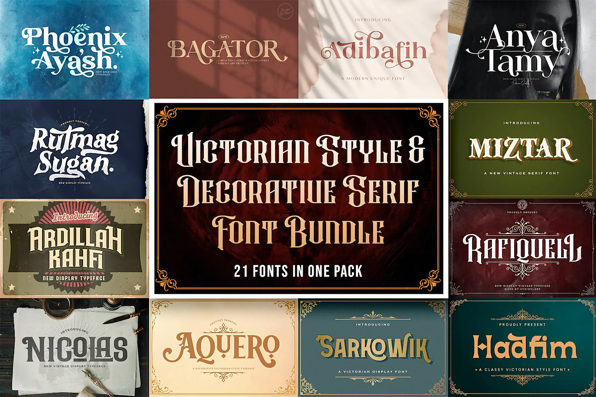 A collage showcasing multiple Victorian-style serif and decorative vintage fonts arranged in an ornate promotional bundle layout.