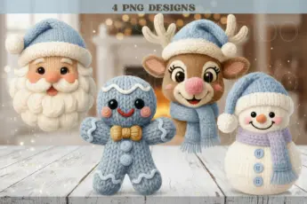 Adorable knitted Christmas PNG set featuring a cozy yarn Santa Claus, reindeer, gingerbread man, and snowman in soft blue winter hats and scarves, perfect for holiday crafts, sublimation designs, stickers, and festive decorations.