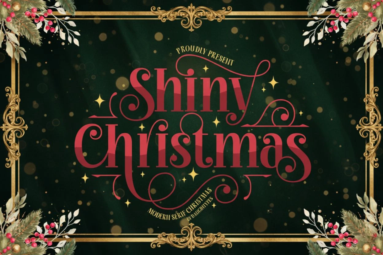 Shiny Christmas font — elegant modern serif typeface with festive swirls and decorative flourishes, perfect for holiday cards, invitations, logos, and winter branding. Features a luxurious Christmas theme ideal for elegant seasonal designs.