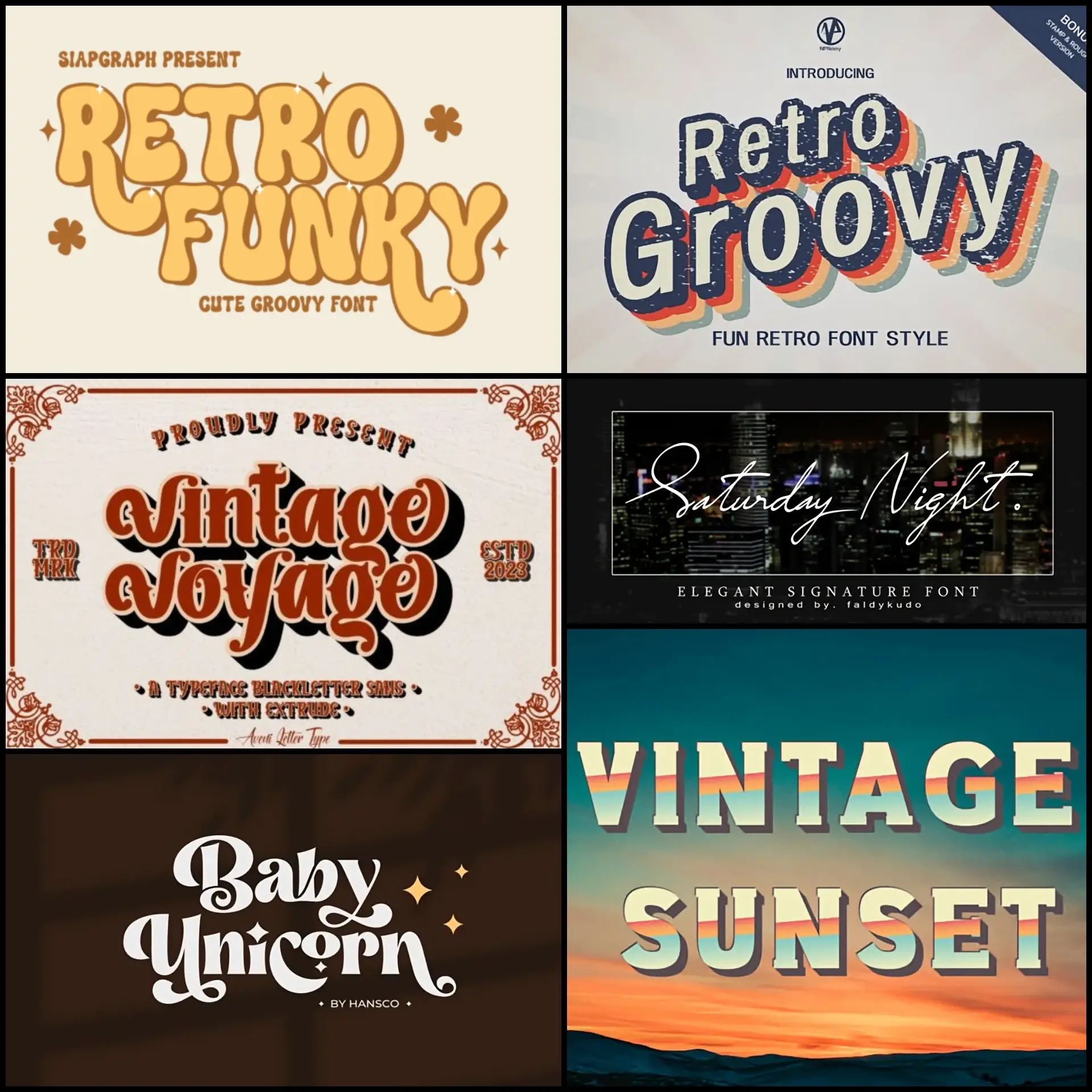 A collage of six retro display fonts showcasing groovy 70s lettering, vintage serif styles, and nostalgic poster typography.