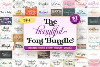 The Beautiful Font Bundle includes 49 stunning fonts in multiple styles — script, serif, sans, and display. Perfect for designers and creative projects.