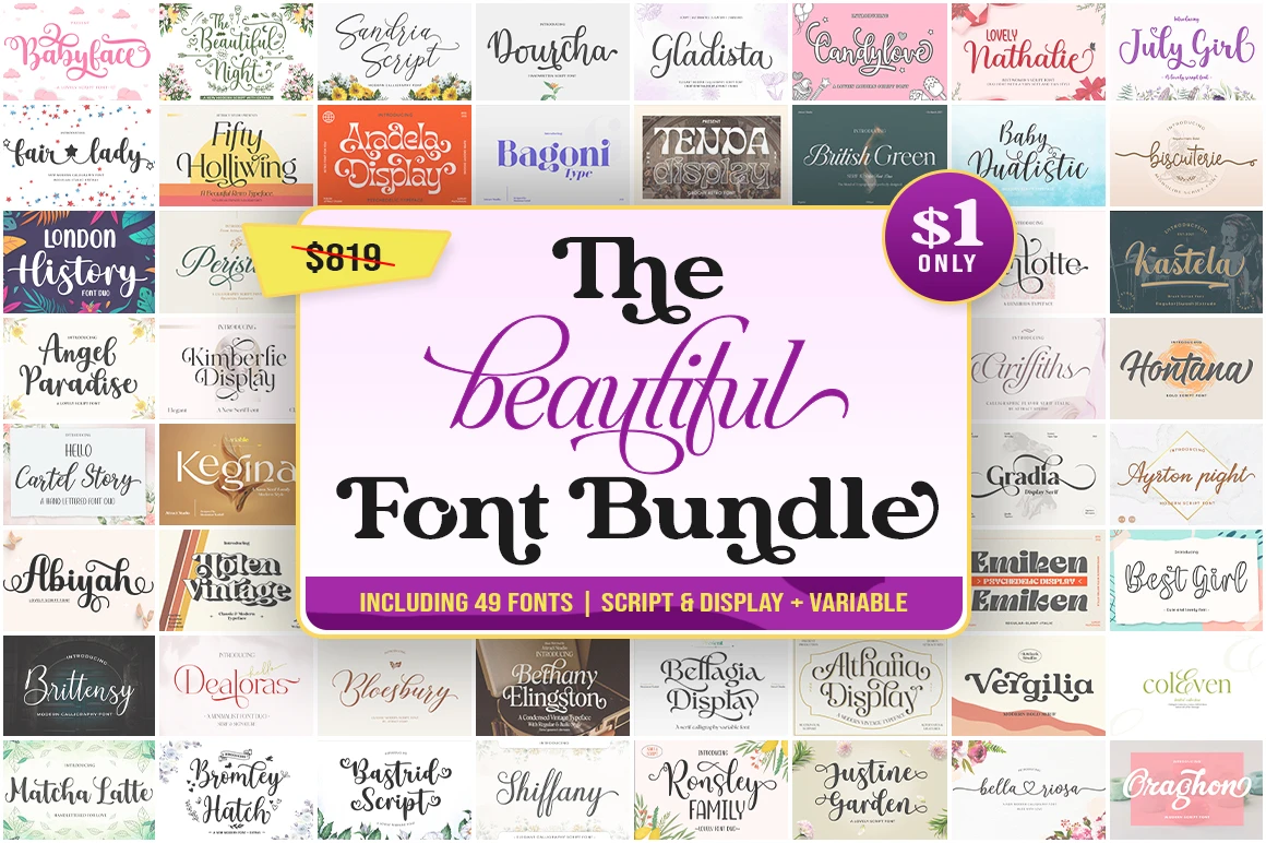 The Beautiful Font Bundle includes 49 stunning fonts in multiple styles — script, serif, sans, and display. Perfect for designers and creative projects.
