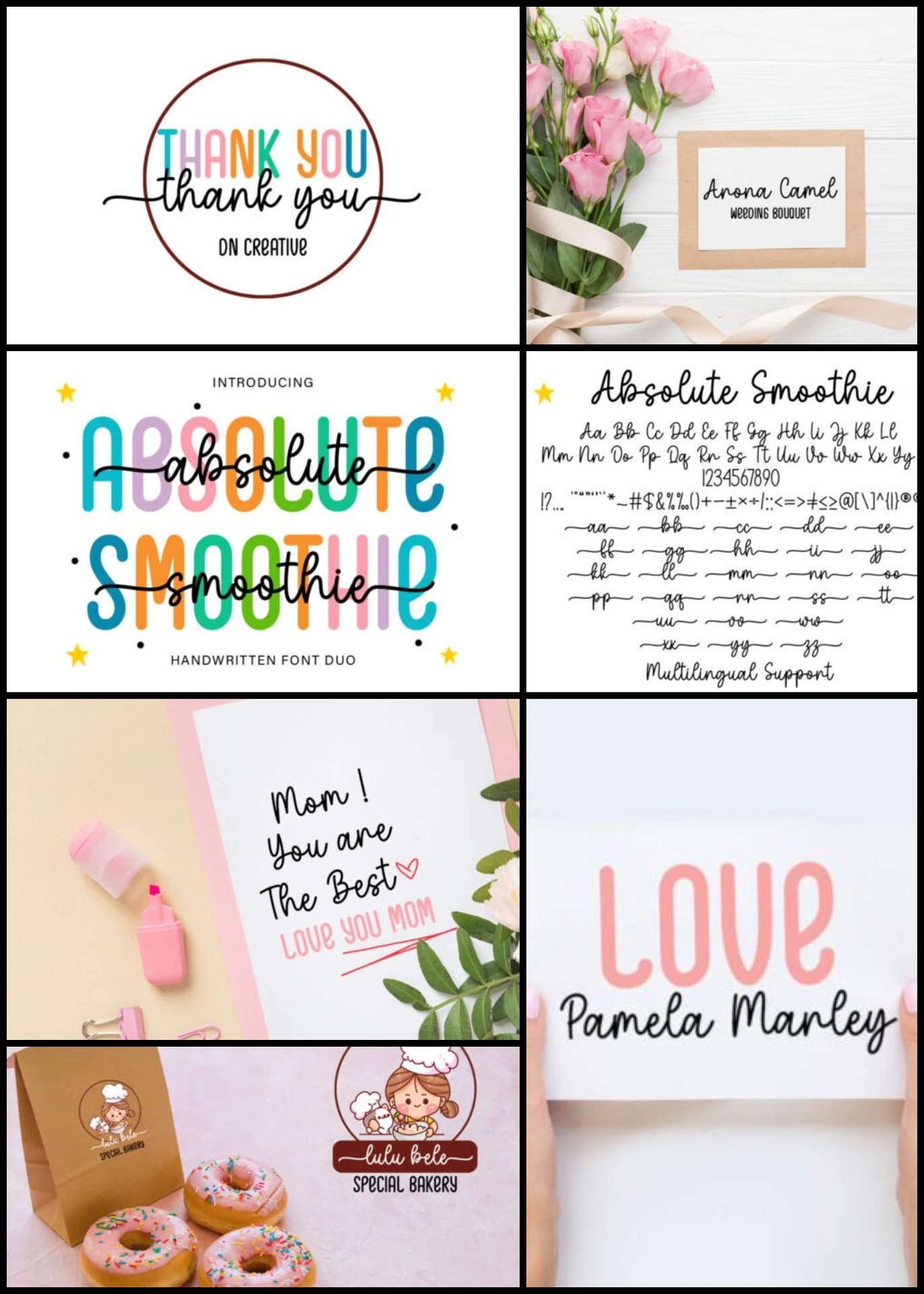 A collage showcasing a variety of handwritten and decorative fonts in different styles and contexts. It includes a circular «THANK YOU» logo with colorful typography, a wedding bouquet card labeled «Arona Camel», a promotional graphic for the «Absolute Smoothie» handwritten font duo with multicolored letters, a character set display of the «Absolute Smoothie» font, a heartfelt greeting card saying «Mom! You are The Best», a minimalist «LOVE Pamela Marley» design, and a bakery-themed logo with donuts for «lulu Bele Special Bakery». The collection highlights the versatility of playful, elegant, and whimsical fonts for use in cards, branding, and decorative designs, combining pastel colors, floral elements, and fun stationery details.