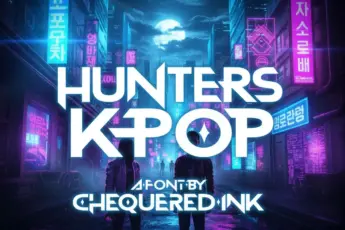 Hunters K-Pop font — bold futuristic display typeface inspired by Korean pop culture and cyberpunk aesthetics. Features glowing neon blue and pink lighting with a cityscape background. Perfect for K-pop posters, music designs, gaming graphics, and modern digital branding.