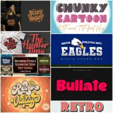 A collage featuring multiple T-shirt-ready fonts, including retro, spooky, chunky, vintage serif, and athletic styles for merch design.