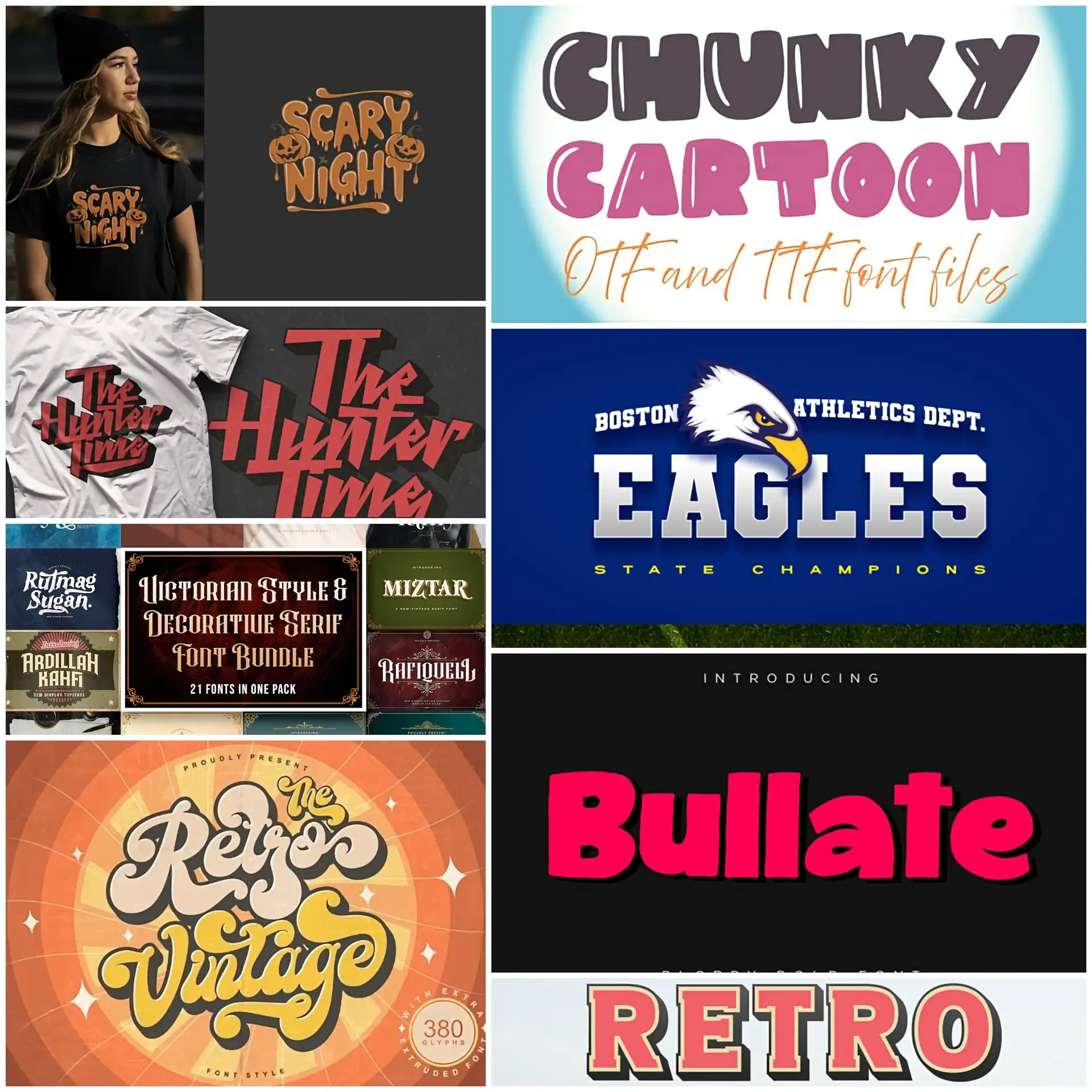A collage featuring multiple T-shirt-ready fonts, including retro, spooky, chunky, vintage serif, and athletic styles for merch design.