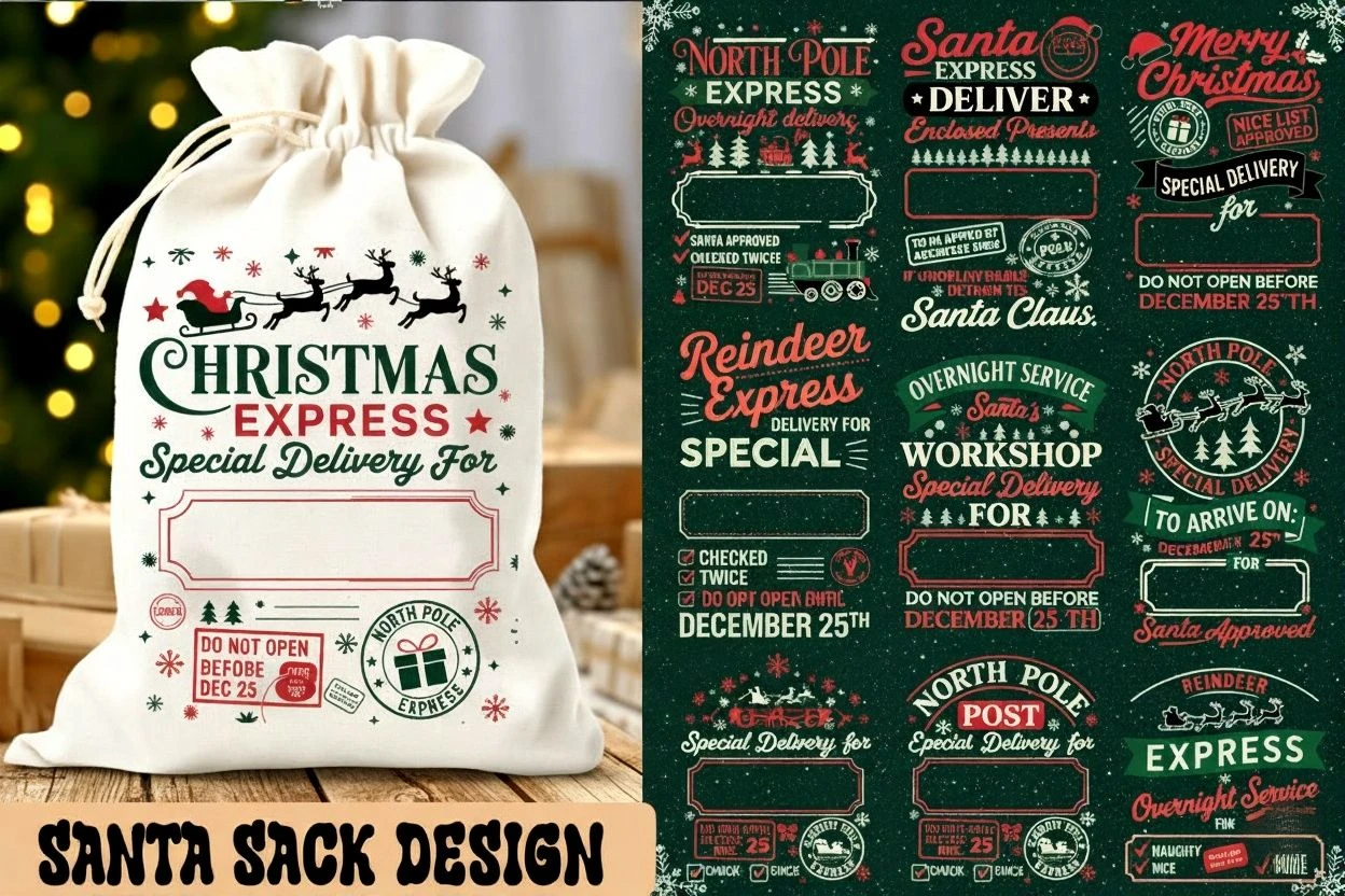 Santa Sack SVG Bundle includes 10 festive Christmas designs for Cricut, mugs, shirts, and crafts. Perfect for holiday printing and gift bag projects.