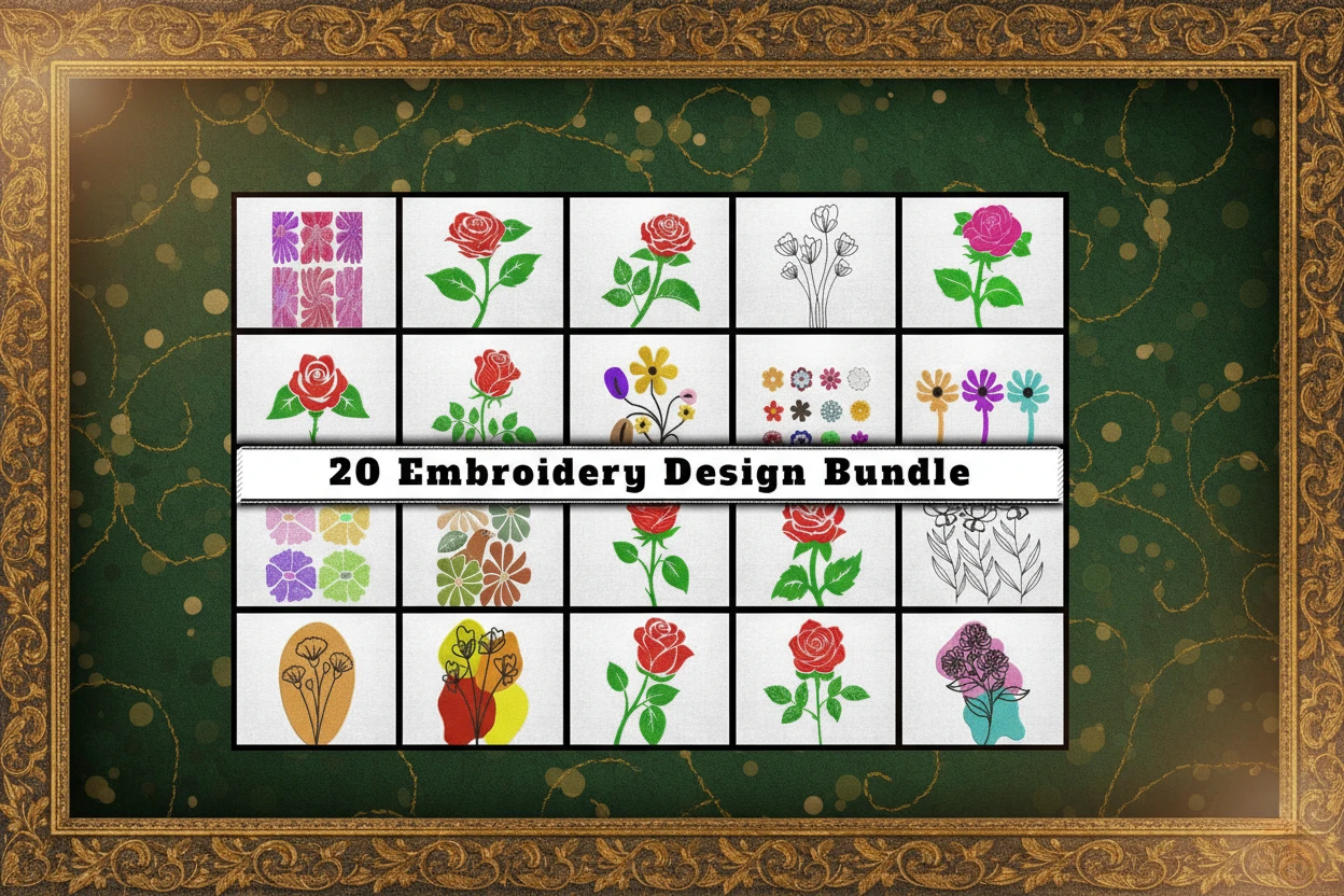 Bundle of 20 floral embroidery designs including roses, wildflowers, outlines, decorative flower motifs, and colorful stitched patterns. Perfect for machine embroidery projects, hoop art, crafting, clothing decoration, and digital embroidery files.