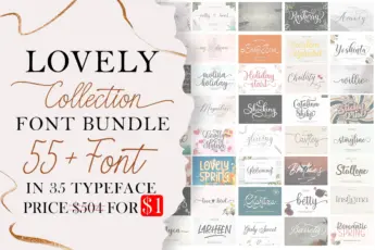 A promotional image for the “Lovely Collection Font Bundle,” showcasing elegant and modern script fonts. The left side of the design features stylish text reading: “Lovely Collection Font Bundle – 55+ Font in 35 Typeface – Price $504 for $1,” in a mix of black and copper tones with gold accents. The right side displays previews of various beautiful typefaces, including “Molina Holiday,” “Lady Bird,” “Shocking Script,” “Lovely Stylish,” “Glistening,” and “Romantic Spring.” The overall look is feminine, elegant, and creative—ideal for branding, invitations, and design projects.