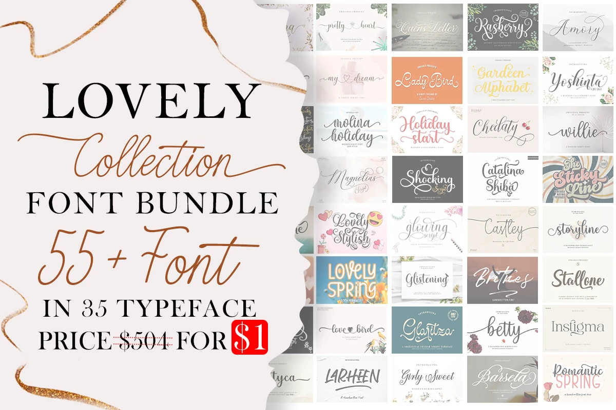 A promotional image for the “Lovely Collection Font Bundle,” showcasing elegant and modern script fonts. The left side of the design features stylish text reading: “Lovely Collection Font Bundle – 55+ Font in 35 Typeface – Price $504 for $1,” in a mix of black and copper tones with gold accents. The right side displays previews of various beautiful typefaces, including “Molina Holiday,” “Lady Bird,” “Shocking Script,” “Lovely Stylish,” “Glistening,” and “Romantic Spring.” The overall look is feminine, elegant, and creative—ideal for branding, invitations, and design projects.