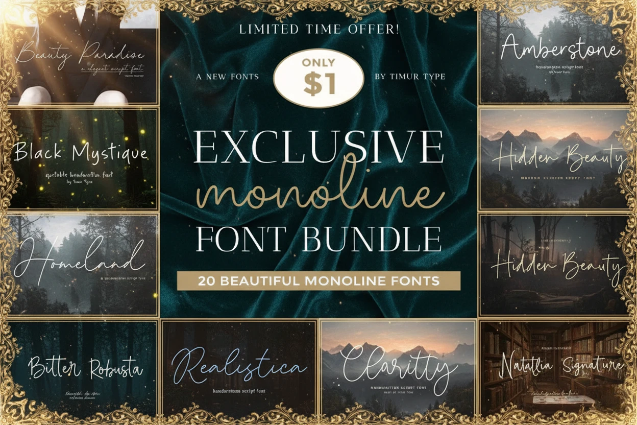 Exclusive Monoline Font Bundle including 20 beautiful handwritten and script monoline fonts by Timur Type. Minimal, elegant, and modern font collection perfect for branding, logos, invitations, social media, and design projects. Limited-time offer for only $1.