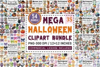 A colorful promotional image for a “Mega Halloween Clipart Bundle.” The central banner reads: “54 Bundle – Mega Halloween Clipart Bundle – PNG 300 DPI / 12×12 Inches – Commercial License Included,” with a price tag showing “$3.” Surrounding the main text are previews of watercolor-style Halloween illustrations, including pumpkins, ghosts, witches, black cats, bats, candy, skeletons, and spooky mugs. Each small section showcases themed sets like “Creepy and Cozy Halloween,” “Mason Jars Watercolor Clipart,” “Halloween Ghost Png Clipart,” and “Halloween Stickers Cliparts.” The overall design is vibrant and festive, perfect for digital art, invitations, and seasonal crafts.