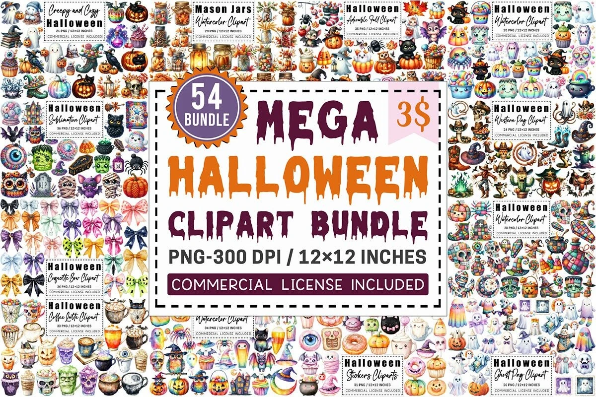 A colorful promotional image for a “Mega Halloween Clipart Bundle.” The central banner reads: “54 Bundle – Mega Halloween Clipart Bundle – PNG 300 DPI / 12×12 Inches – Commercial License Included,” with a price tag showing “$3.” Surrounding the main text are previews of watercolor-style Halloween illustrations, including pumpkins, ghosts, witches, black cats, bats, candy, skeletons, and spooky mugs. Each small section showcases themed sets like “Creepy and Cozy Halloween,” “Mason Jars Watercolor Clipart,” “Halloween Ghost Png Clipart,” and “Halloween Stickers Cliparts.” The overall design is vibrant and festive, perfect for digital art, invitations, and seasonal crafts.