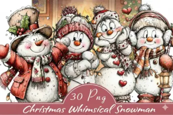 Christmas Whimsical Snowman Clipart set includes 30 cute printable illustrations for crafts, mugs, cards, stickers, and festive holiday decor.