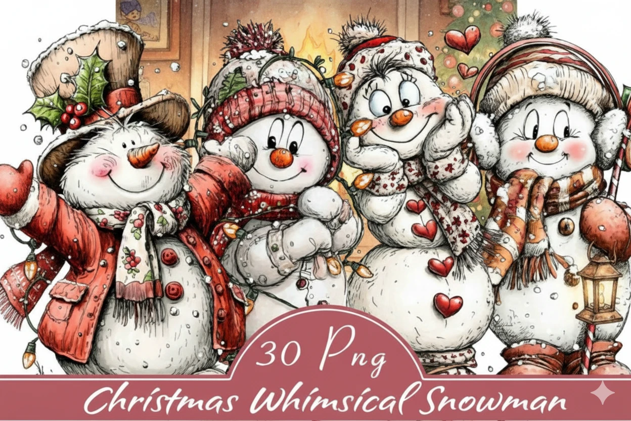 Christmas Whimsical Snowman Clipart set includes 30 cute printable illustrations for crafts, mugs, cards, stickers, and festive holiday decor.