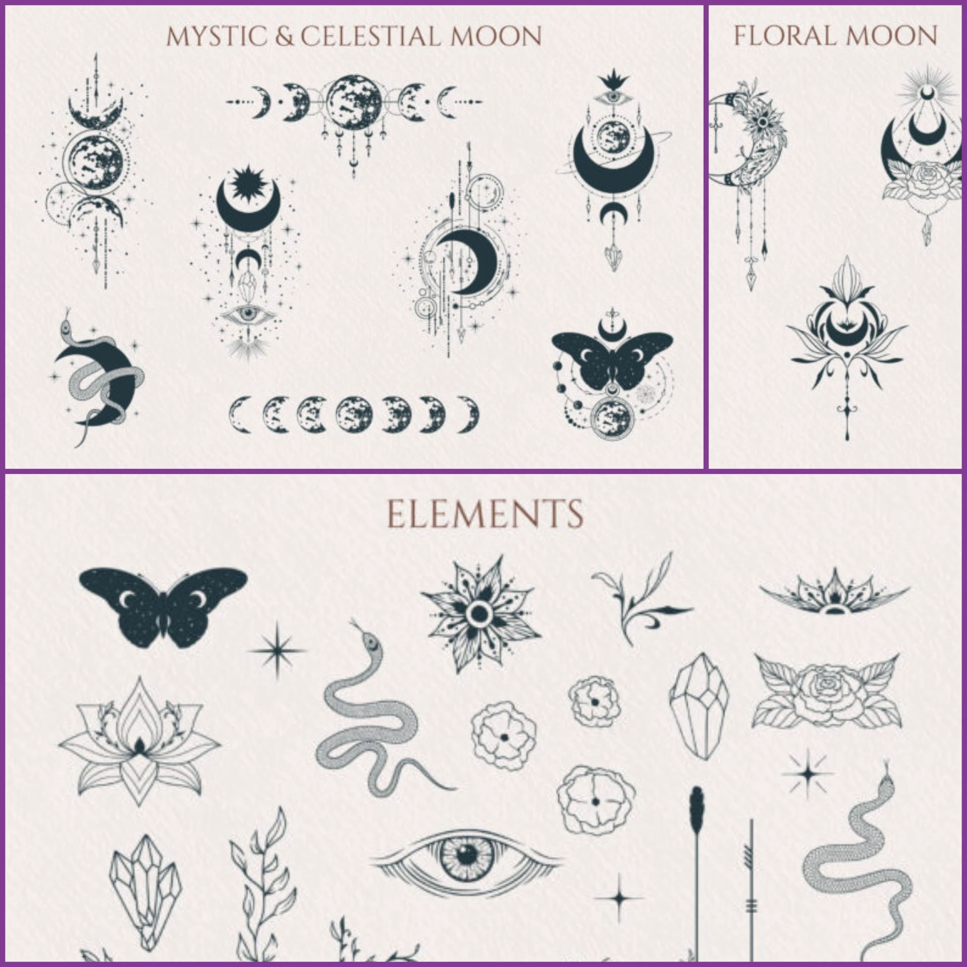 Mystical Moon Collection includes 47 celestial cliparts in SVG, PNG & EPS. Perfect for Cricut, scrapbooking, tattoos, and boho designs.