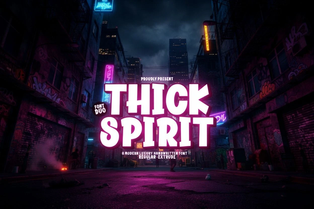 Thick Spirit font — bold modern handwritten display typeface with neon glow effect, set against a cyberpunk city background. Perfect for logos, posters, streetwear designs, music covers, and nightlife branding that need a powerful urban aesthetic.