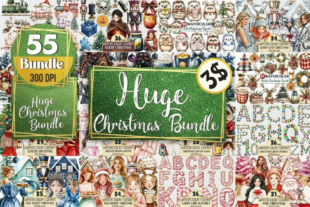 A colorful promotional collage for a “Huge Christmas Bundle” of watercolor clipart sets. The central green banner reads: “Huge Christmas Bundle – 55 Bundle – 300 DPI – $3.” Surrounding it are festive watercolor illustrations, including winter scenes, Christmas trees, gifts, ornaments, holiday alphabets, and cozy characters like hedgehogs, snowmen, and stylish women in winter outfits. Each smaller preview showcases individual sets such as “Classic Christmas,” “Silver Cute Christmas,” “Rustic Christmas,” “Frosted Blush Winter,” “Candy Cane Alphabet,” and “Pink Christmas.” The image conveys a warm, festive, and artistic holiday spirit, ideal for printable and digital craft projects.