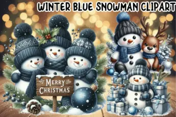 Winter blue snowman clipart set with adorable Christmas snowmen wearing blue knitted hats and scarves, surrounded by pine branches, ornaments, gifts, and a cute baby reindeer. Cozy festive holiday illustration perfect for Christmas cards, sublimation designs, crafts, stickers, and winter décor projects.