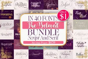 A promotional image for “The Beloved Bundle,” a collection of 40 elegant script and serif fonts. The main design features a soft pink and cream background with text reading: “In 40 Fonts – The Beloved Bundle – Script and Serif – Normal Price: $659,” and a pink circle displaying “Only $1.” The background showcases previews of various romantic and decorative fonts, including names like “Andalucia,” “Santika Script,” “Fruit Acid,” “Heproyal,” and “Bellona.” The overall aesthetic is refined and feminine, perfect for wedding stationery, branding, and elegant design projects.