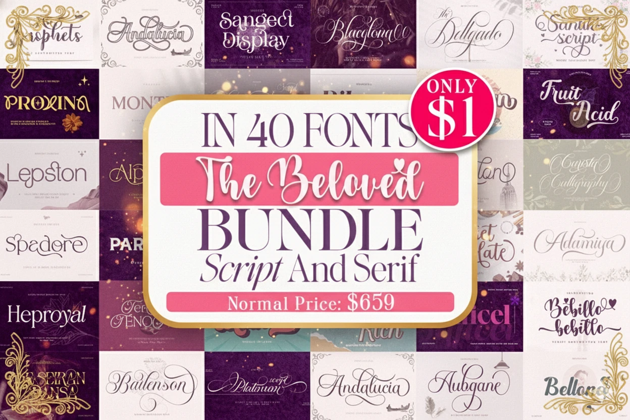 A promotional image for “The Beloved Bundle,” a collection of 40 elegant script and serif fonts. The main design features a soft pink and cream background with text reading: “In 40 Fonts – The Beloved Bundle – Script and Serif – Normal Price: $659,” and a pink circle displaying “Only $1.” The background showcases previews of various romantic and decorative fonts, including names like “Andalucia,” “Santika Script,” “Fruit Acid,” “Heproyal,” and “Bellona.” The overall aesthetic is refined and feminine, perfect for wedding stationery, branding, and elegant design projects.