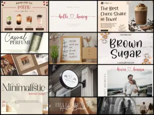 A multi-panel collage displaying various script and handwritten fonts, featuring modern calligraphy, brush lettering, and elegant cursive typography.