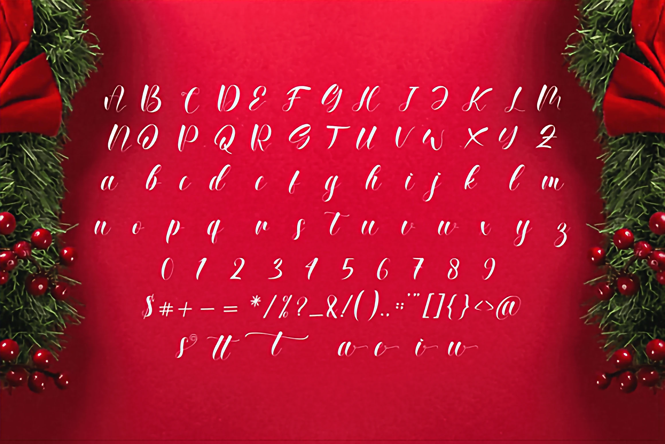 Christmas Beauty Day elegant modern script font displayed on a red background with festive wreaths, greenery, and bright holiday accents.