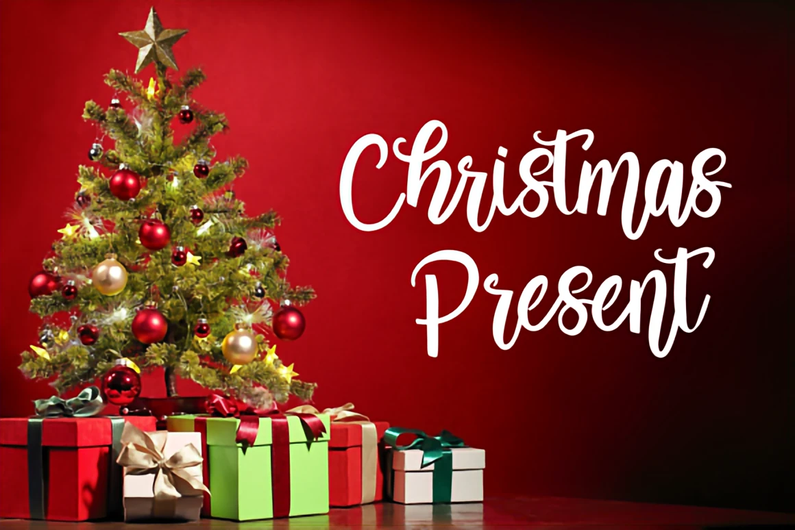 Magic Christmas modern calligraphy script font displayed above rustic wrapped gifts, pine sprigs, ornaments, and cozy holiday décor.