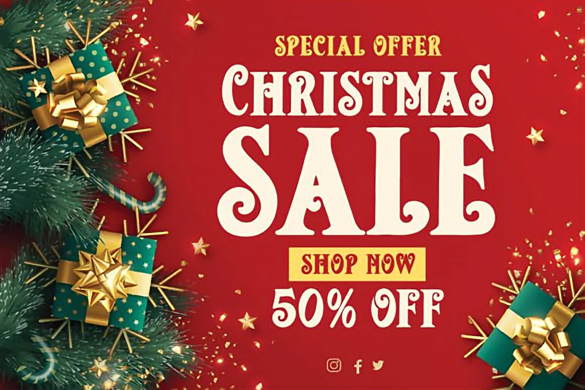 Christmas Mozart festive serif font displayed on a red holiday background with ornaments, snowflakes, and Santa’s sleigh silhouettes.