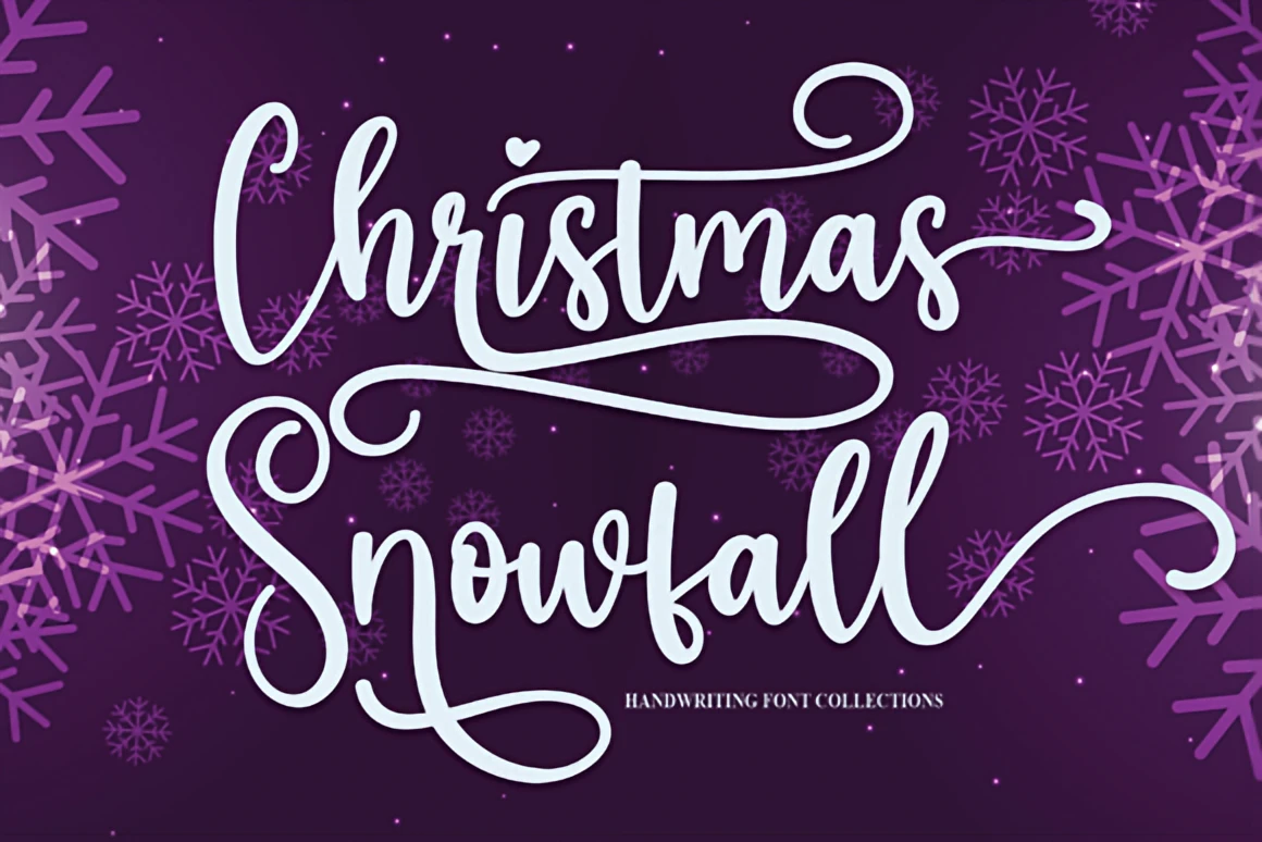 Christmas Snowfall elegant handwritten script font displayed on a purple winter background with swirling letters and glowing snowflakes.