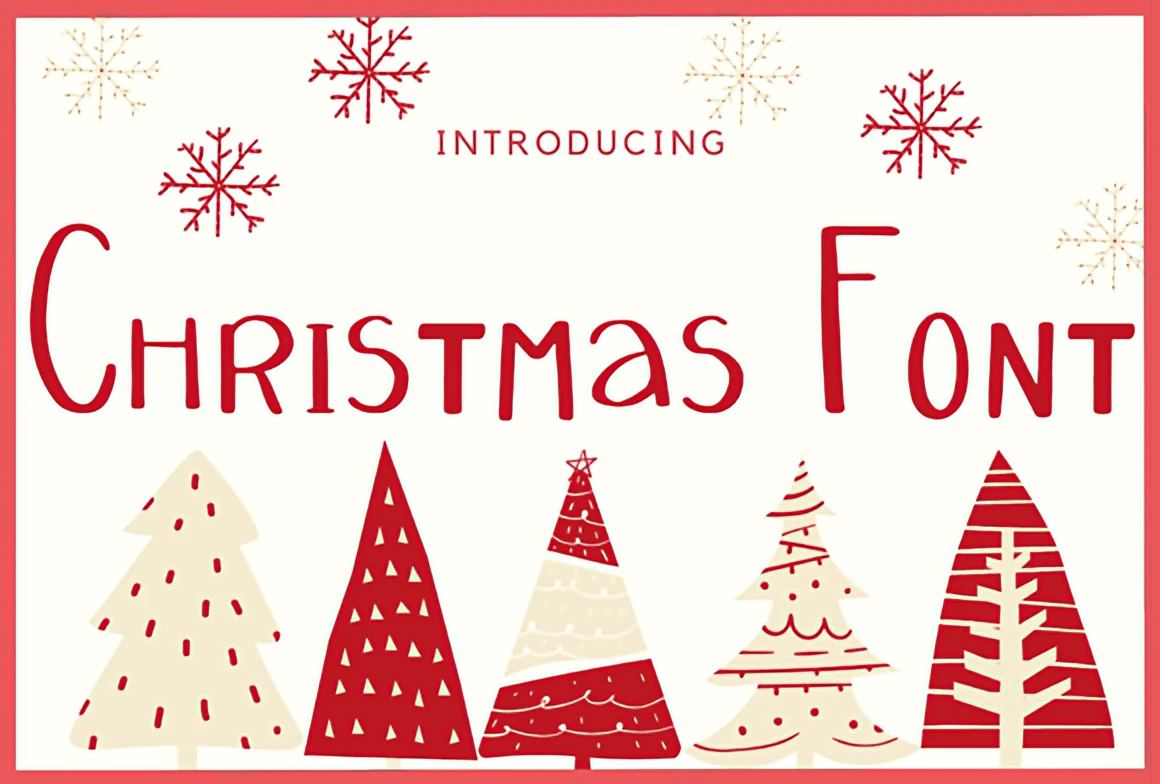 Handwritten Christmas doodle font displayed with red and cream Christmas trees, playful lettering, and snowflake decorations on a festive background.