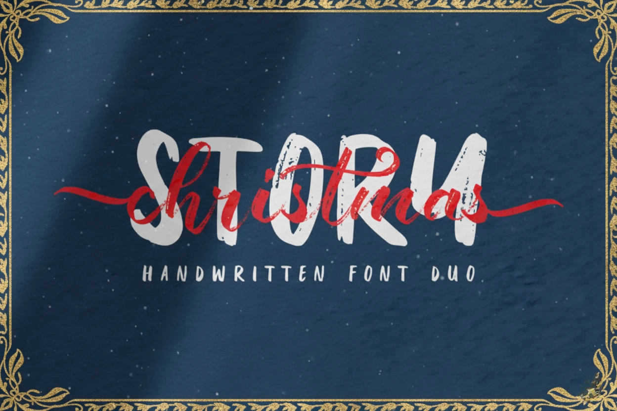 Christmas Story handwritten font duo featuring bold display letters and red script overlay on a dark snowy background with gold frame.