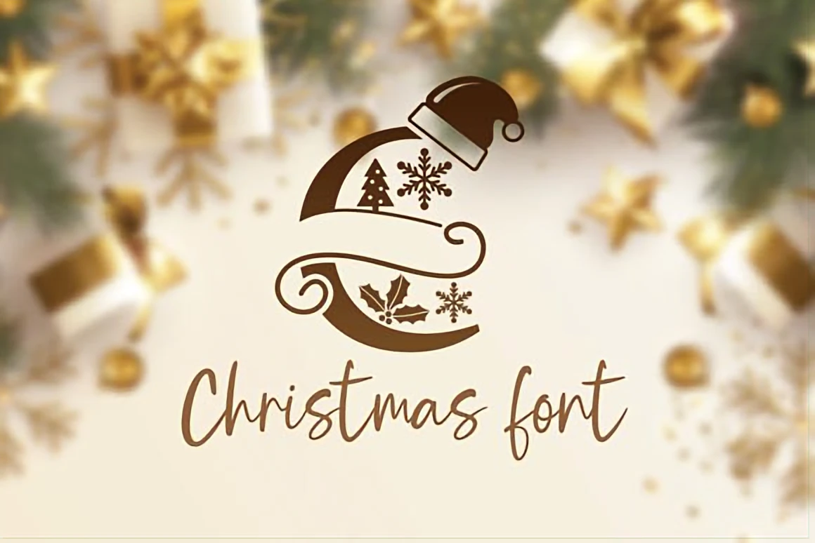 Handwritten Christmas script font displayed with a festive monogram featuring snowflakes, holly, and a Santa hat on a soft golden background.
