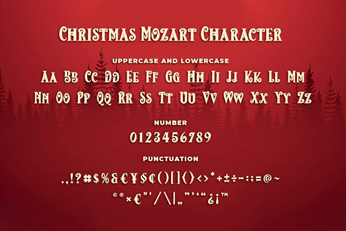 Christmas Mozart festive serif font displayed on a red holiday background with ornaments, snowflakes, and Santa’s sleigh silhouettes.