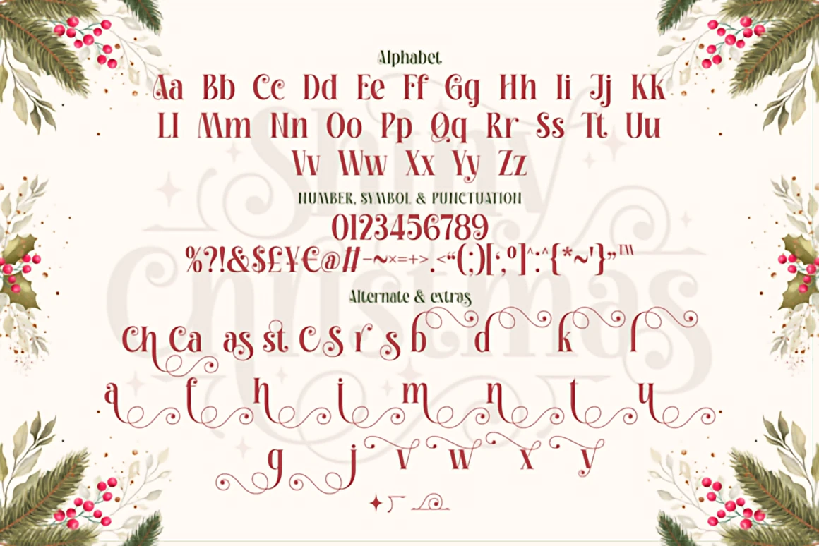 Shiny Christmas modern decorative serif font displayed with elegant swirls, red lettering, and festive greenery on a soft winter background.