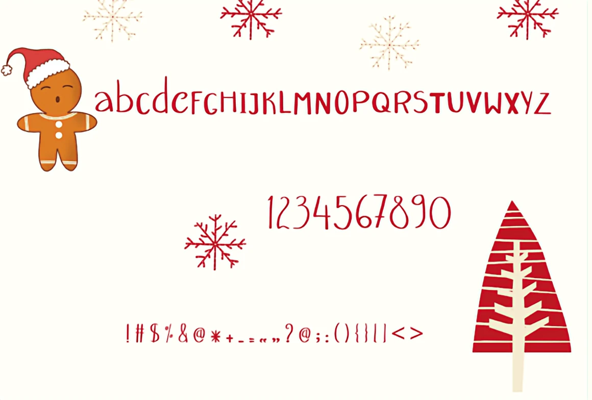 Lowercase Christmas handwriting font displayed with numbers, punctuation, snowflakes, and festive doodle illustrations.