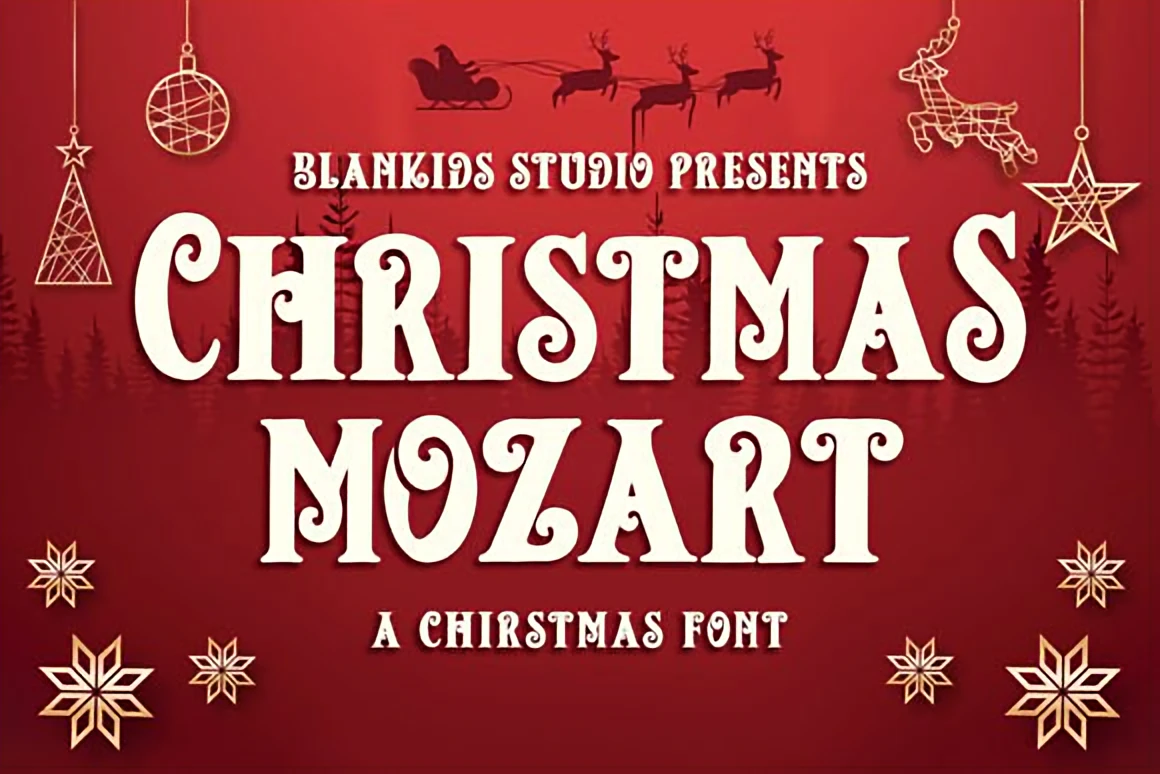 Christmas Mozart festive serif font displayed on a red holiday background with ornaments, snowflakes, and Santa’s sleigh silhouettes.