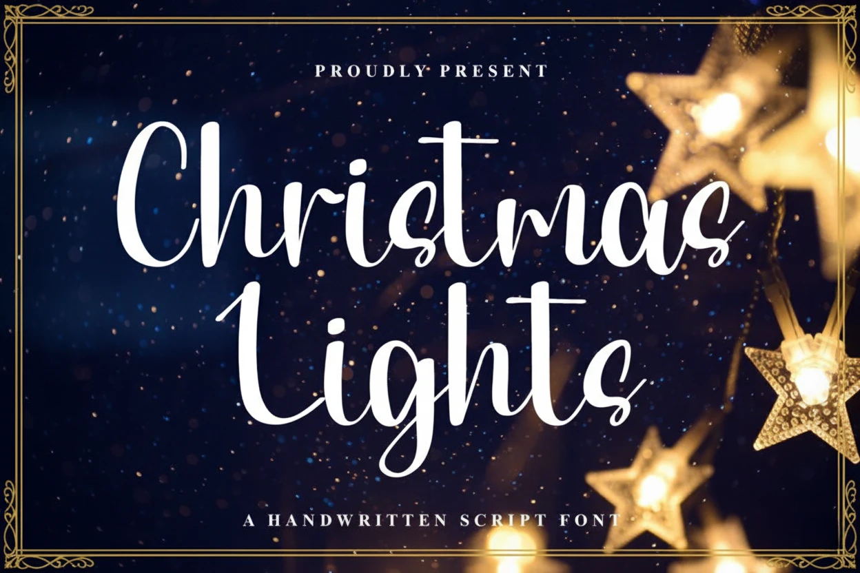 Christmas Lights elegant handwritten script font displayed over a dark festive background with glowing star lights and golden accents.